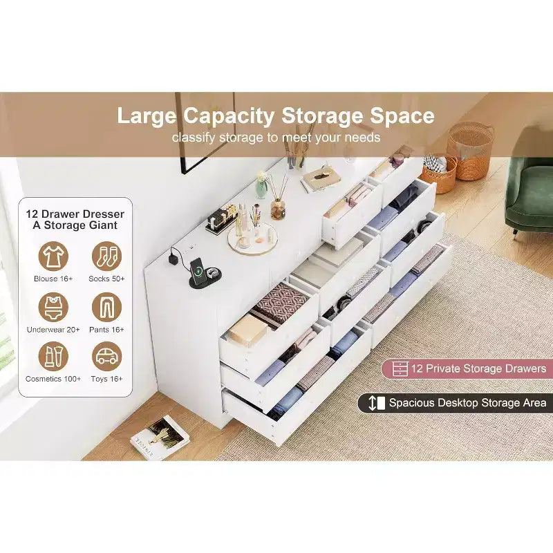 12-Drawer Dresser for Bedroom, 61 Wooden Chest with Built-In Power Outlet, Large Storage Organizer for Clothes, Living Room, Hallway, or Office