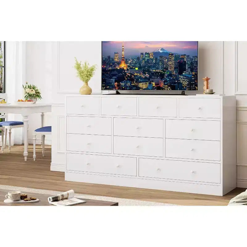 12-Drawer Dresser for Bedroom, 61 Wooden Chest with Built-In Power Outlet, Large Storage Organizer for Clothes, Living Room, Hallway, or Office