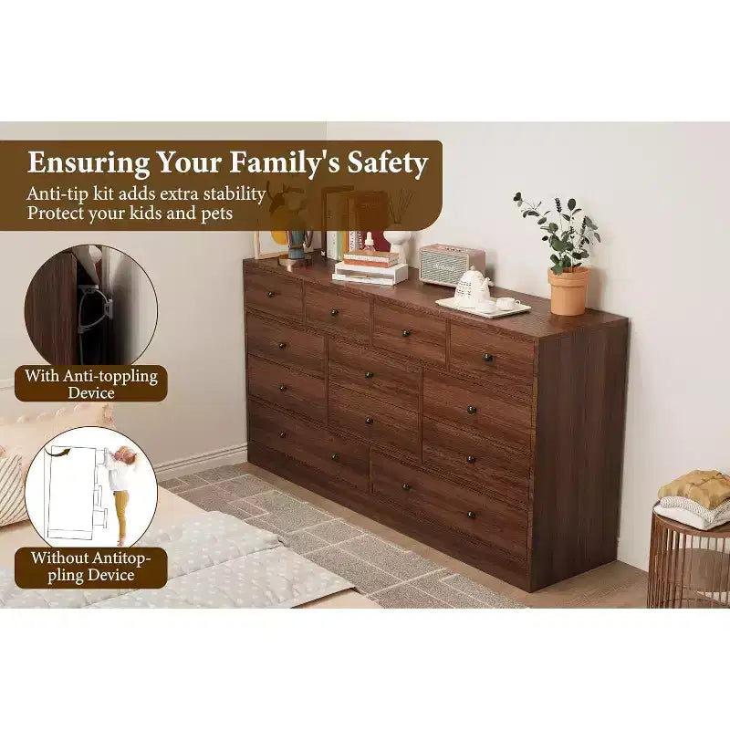 12-Drawer Dresser for Bedroom, 61 Wooden Chest with Built-In Power Outlet, Large Storage Organizer for Clothes, Living Room, Hallway, or Office
