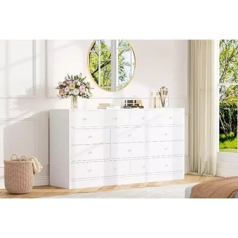 12-Drawer Dresser for Bedroom, 61 Wooden Chest with Built-In Power Outlet, Large Storage Organizer for Clothes, Living Room, Hallway, or Office