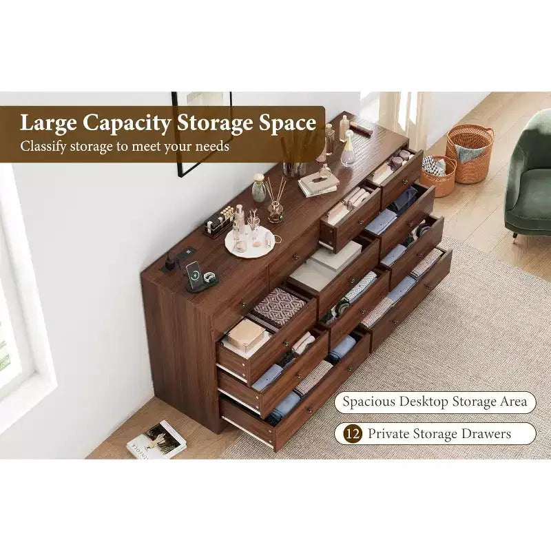 12-Drawer Dresser for Bedroom, 61 Wooden Chest with Built-In Power Outlet, Large Storage Organizer for Clothes, Living Room, Hallway, or Office