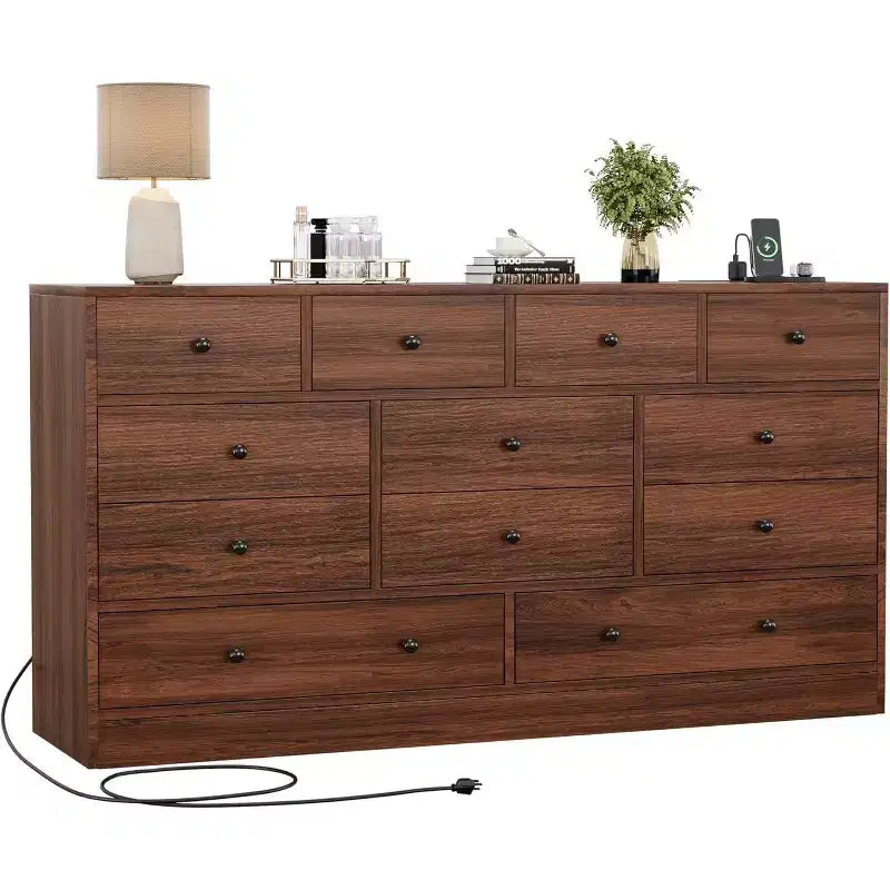 12-Drawer Dresser for Bedroom, 61 Wooden Chest with Built-In Power Outlet, Large Storage Organizer for Clothes, Living Room, Hallway, or Office