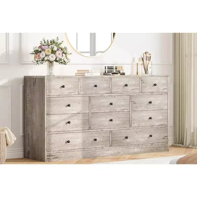 12-Drawer Dresser for Bedroom, 61 Wooden Chest with Built-In Power Outlet, Large Storage Organizer for Clothes, Living Room, Hallway, or Office