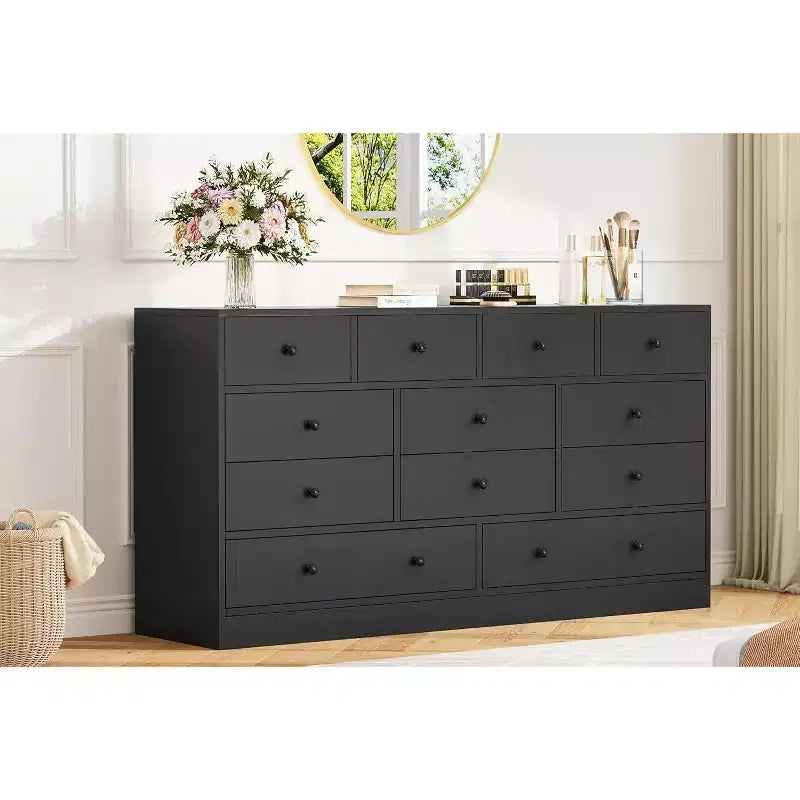 12-Drawer Dresser for Bedroom, 61 Wooden Chest with Built-In Power Outlet, Large Storage Organizer for Clothes, Living Room, Hallway, or Office