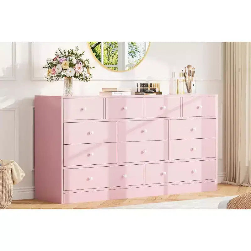 12-Drawer Dresser for Bedroom, 61 Wooden Chest with Built-In Power Outlet, Large Storage Organizer for Clothes, Living Room, Hallway, or Office