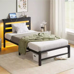 CLIHOME Black Bed Frame Heavy Duty Platform LED Bed Frame with Headboard & USB Charging Station