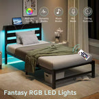 CLIHOME Black Bed Frame Heavy Duty Platform LED Bed Frame with Headboard & USB Charging Station