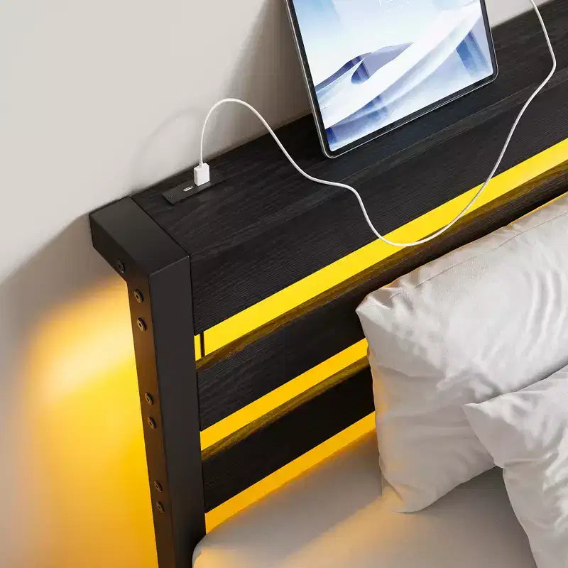 CLIHOME Black Bed Frame Heavy Duty Platform LED Bed Frame with Headboard & USB Charging Station