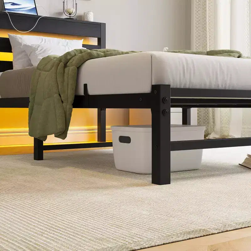CLIHOME Black Bed Frame Heavy Duty Platform LED Bed Frame with Headboard & USB Charging Station