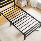 CLIHOME Black Bed Frame Heavy Duty Platform LED Bed Frame with Headboard & USB Charging Station