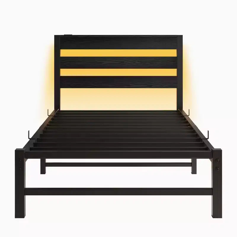 CLIHOME Black Bed Frame Heavy Duty Platform LED Bed Frame with Headboard & USB Charging Station
