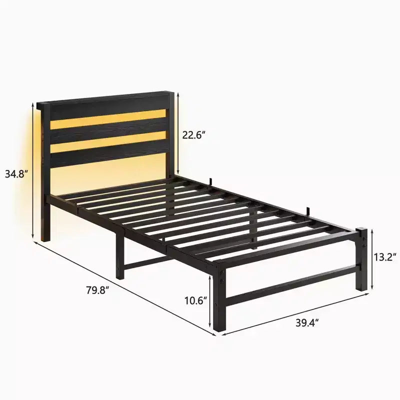 CLIHOME Black Bed Frame Heavy Duty Platform LED Bed Frame with Headboard & USB Charging Station