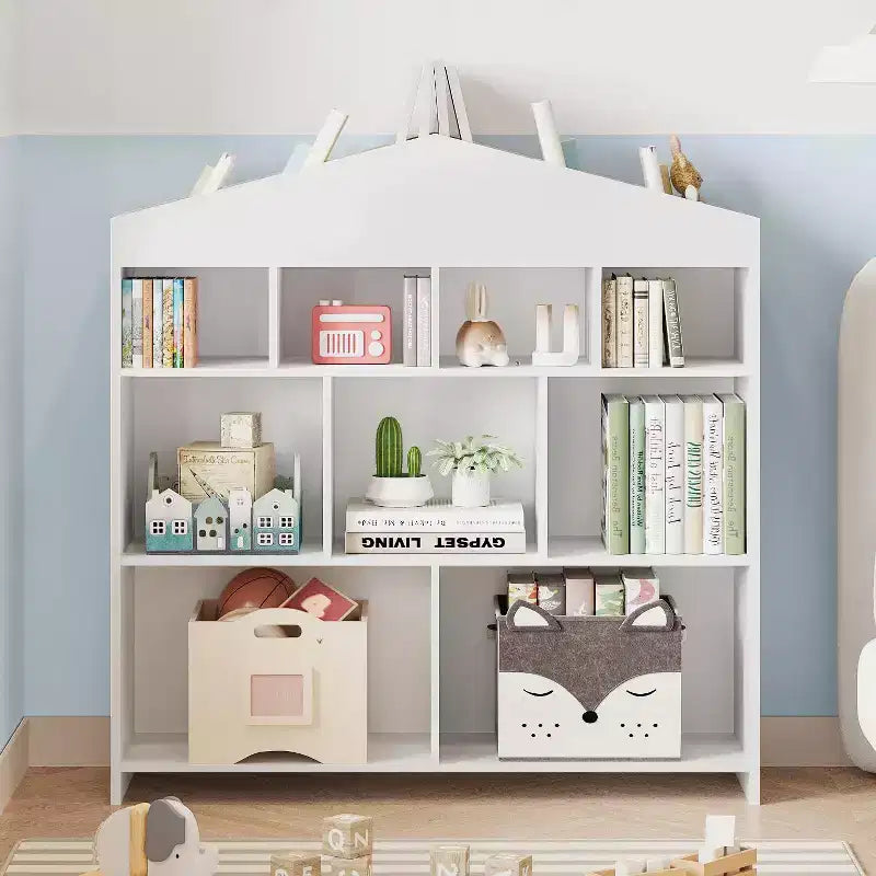 9-Cubby Kids Bookshelf Toy Storage Organizer - White Wooden Bookcase for Playroom, Nursery & Kids Room