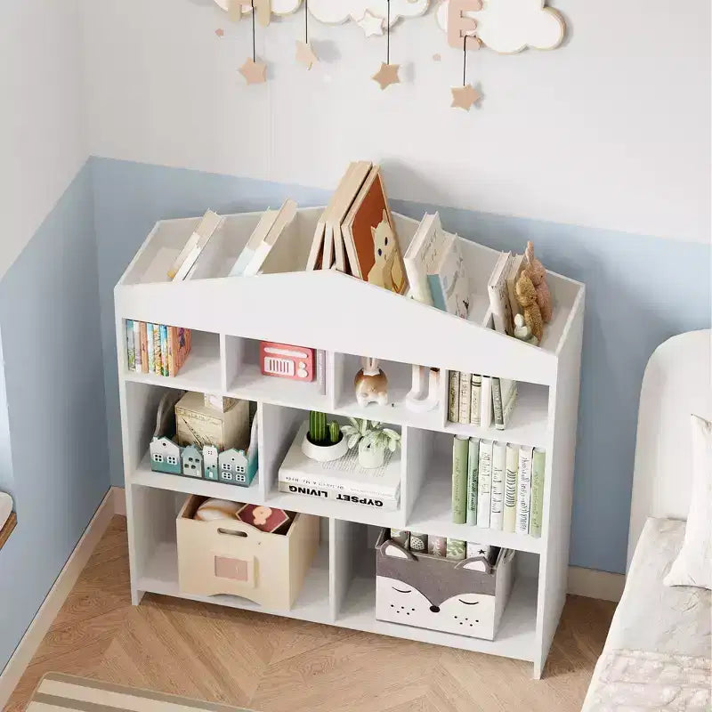 9-Cubby Kids Bookshelf Toy Storage Organizer - White Wooden Bookcase for Playroom, Nursery & Kids Room