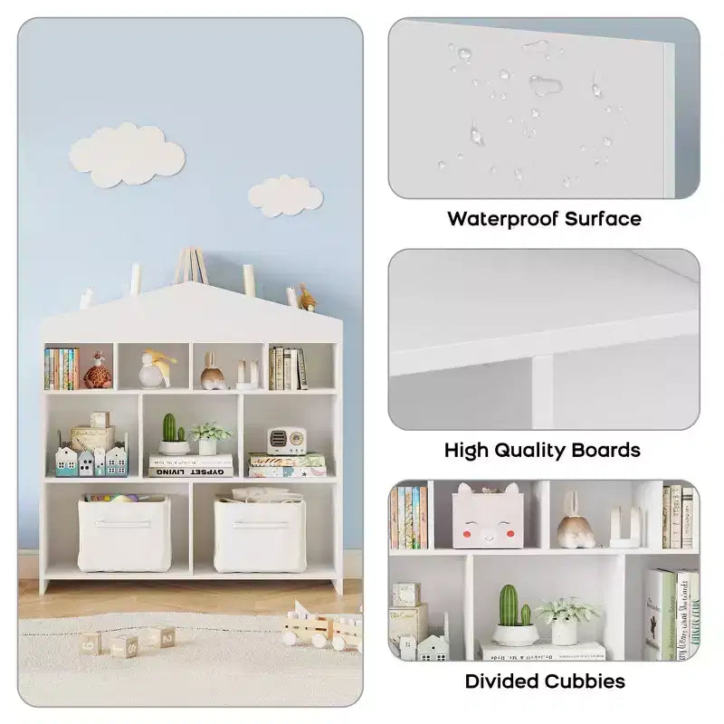 9-Cubby Kids Bookshelf Toy Storage Organizer - White Wooden Bookcase for Playroom, Nursery & Kids Room