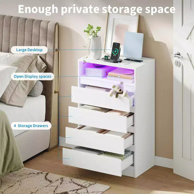4 Drawer Dresser, White LED Dresser with Charging Station, Anchors to Wall, 6-Color Adjustable Light Strip, Suitable for Bedroom, Living Room