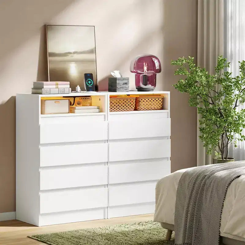 4 Drawer Dresser, White LED Dresser with Charging Station, Anchors to Wall, 6-Color Adjustable Light Strip, Suitable for Bedroom, Living Room