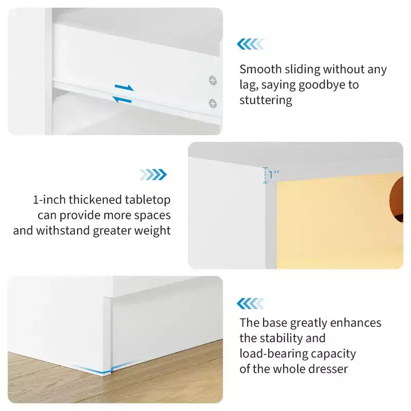 4 Drawer Dresser, White LED Dresser with Charging Station, Anchors to Wall, 6-Color Adjustable Light Strip, Suitable for Bedroom, Living Room