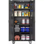 Armoire de rangement de garage avec roues et panneau perforé, armoire de rangement métallique verrouillable de 72 po de hauteur avec 2 portes et 4 étagères réglables pour atelier de garage