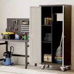 Armoire de rangement de garage avec roues et panneau perforé, armoire de rangement métallique verrouillable de 72 po de hauteur avec 2 portes et 4 étagères réglables pour atelier de garage