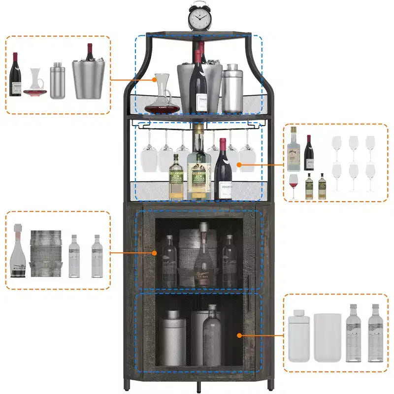 Corner wine rack, 5-layer shelf with removable wine rack, bar cabinet with glass rack, small dining cabinet and buffet cabinet with mesh door