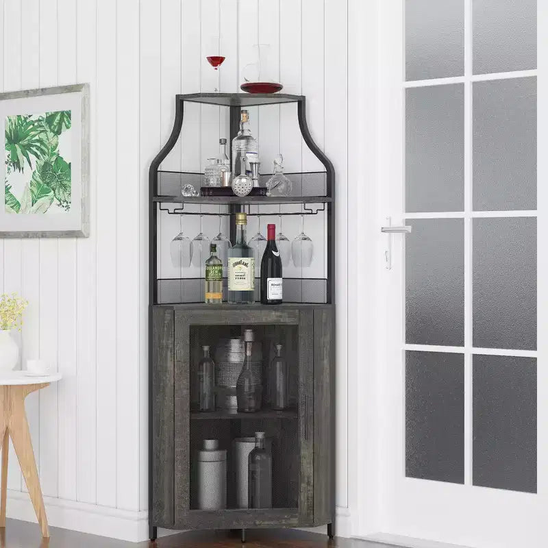Corner wine rack, 5-layer shelf with removable wine rack, bar cabinet with glass rack, small dining cabinet and buffet cabinet with mesh door