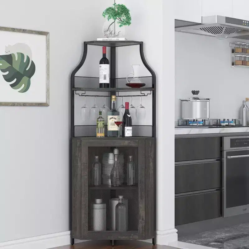 Corner wine rack, 5-layer shelf with removable wine rack, bar cabinet with glass rack, small dining cabinet and buffet cabinet with mesh door
