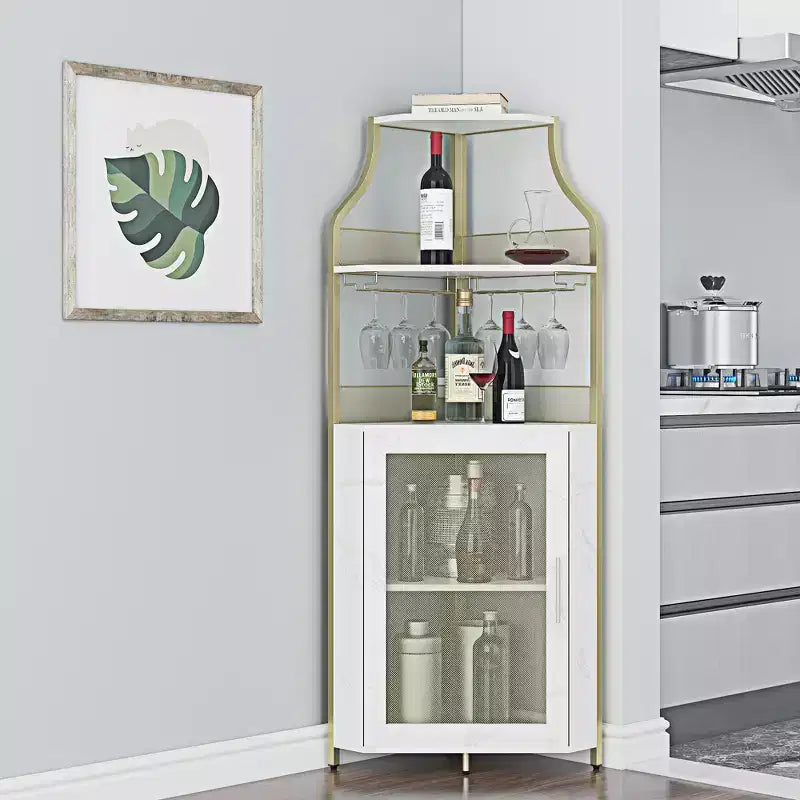 Corner wine rack, 5-layer shelf with removable wine rack, bar cabinet with glass rack, small dining cabinet and buffet cabinet with mesh door