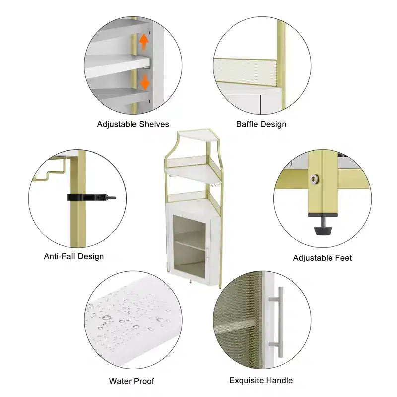 Corner wine rack, 5-layer shelf with removable wine rack, bar cabinet with glass rack, small dining cabinet and buffet cabinet with mesh door