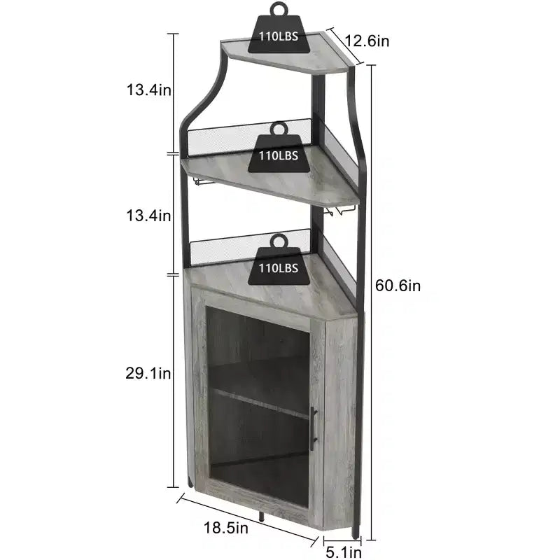 Corner wine rack, 5-layer shelf with removable wine rack, bar cabinet with glass rack, small dining cabinet and buffet cabinet with mesh door