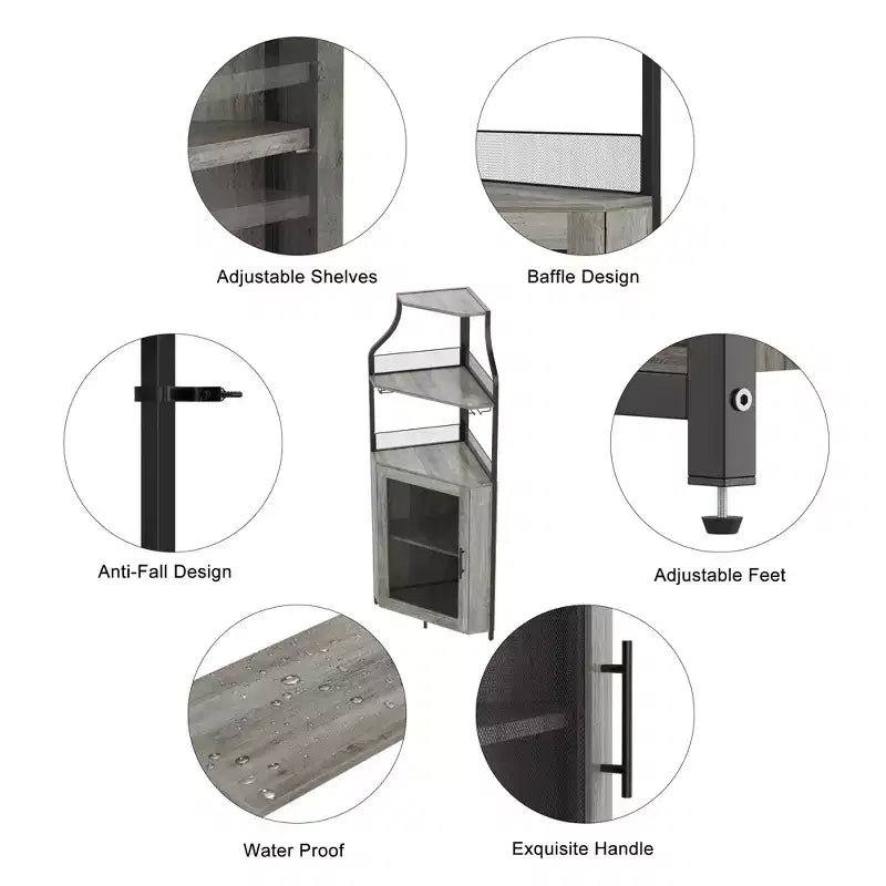 Corner wine rack, 5-layer shelf with removable wine rack, bar cabinet with glass rack, small dining cabinet and buffet cabinet with mesh door