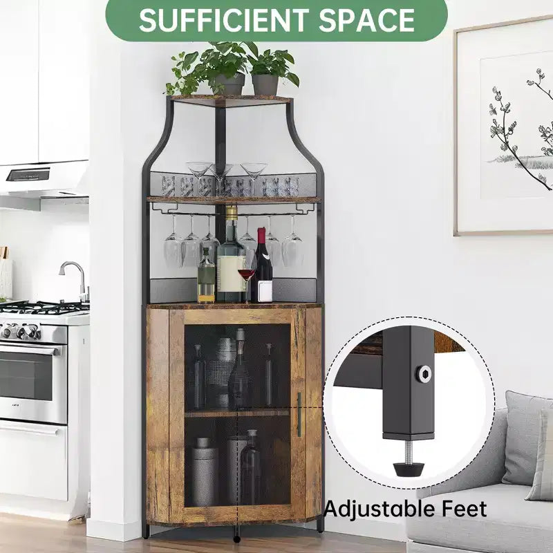 Corner wine rack, 5-layer shelf with removable wine rack, bar cabinet with glass rack, small dining cabinet and buffet cabinet with mesh door