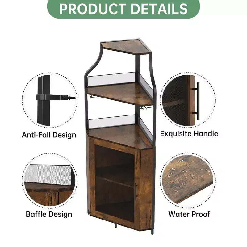 Corner wine rack, 5-layer shelf with removable wine rack, bar cabinet with glass rack, small dining cabinet and buffet cabinet with mesh door