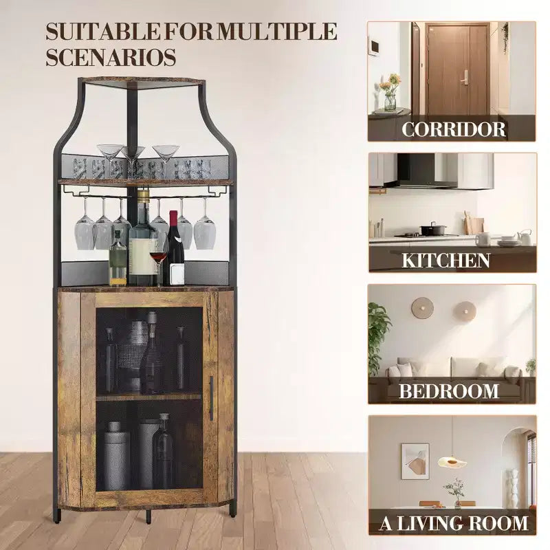 Corner wine rack, 5-layer shelf with removable wine rack, bar cabinet with glass rack, small dining cabinet and buffet cabinet with mesh door