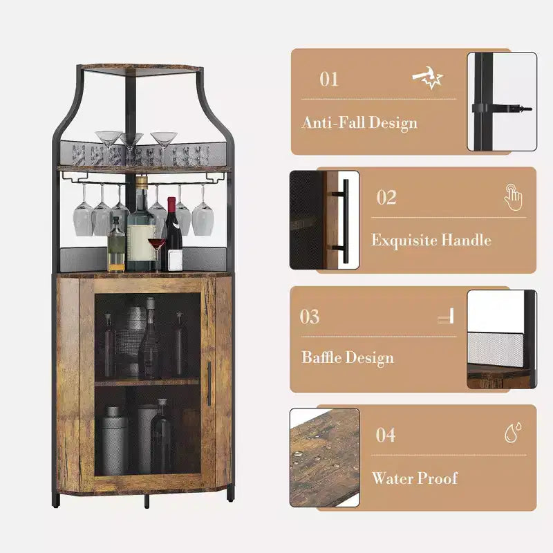 Corner wine rack, 5-layer shelf with removable wine rack, bar cabinet with glass rack, small dining cabinet and buffet cabinet with mesh door