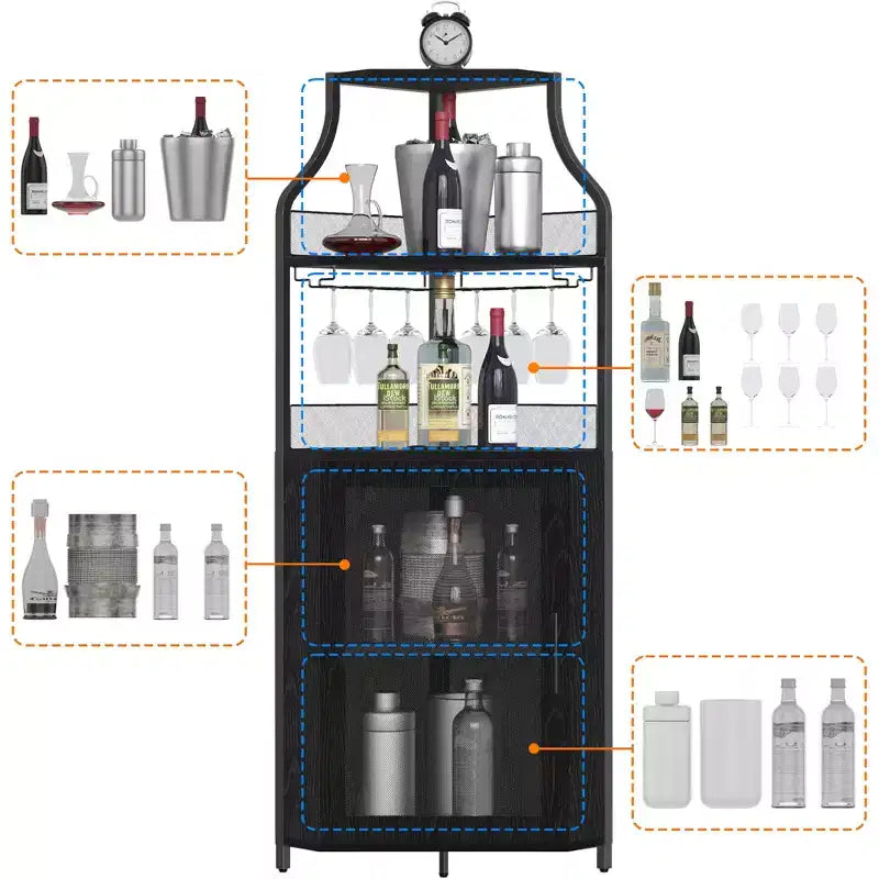 Corner wine rack, 5-layer shelf with removable wine rack, bar cabinet with glass rack, small dining cabinet and buffet cabinet with mesh door