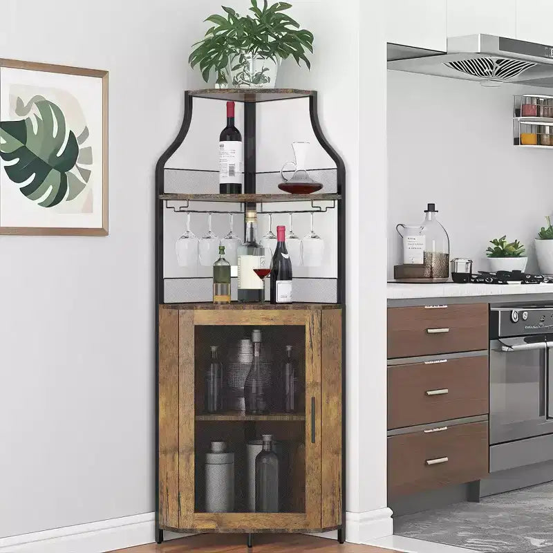 Corner wine rack, 5-layer shelf with removable wine rack, bar cabinet with glass rack, small dining cabinet and buffet cabinet with mesh door
