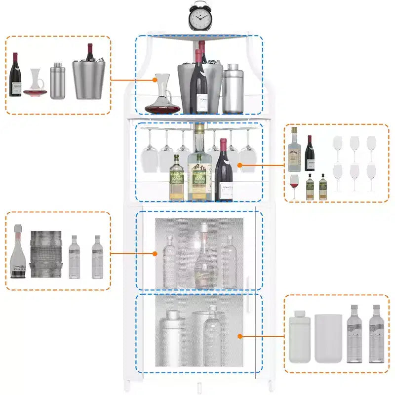 Corner wine rack, 5-layer shelf with removable wine rack, bar cabinet with glass rack, small dining cabinet and buffet cabinet with mesh door