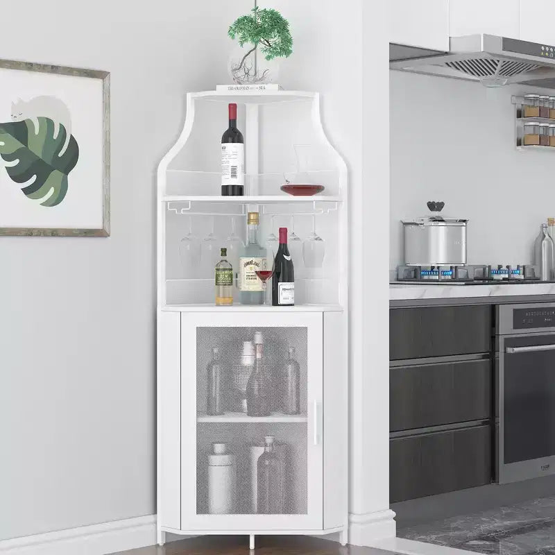 Corner wine rack, 5-layer shelf with removable wine rack, bar cabinet with glass rack, small dining cabinet and buffet cabinet with mesh door