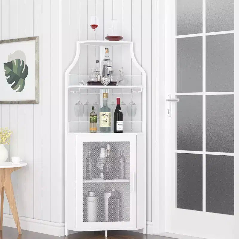 Corner wine rack, 5-layer shelf with removable wine rack, bar cabinet with glass rack, small dining cabinet and buffet cabinet with mesh door