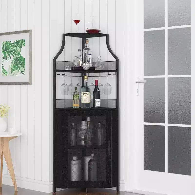 Corner wine rack, 5-layer shelf with removable wine rack, bar cabinet with glass rack, small dining cabinet and buffet cabinet with mesh door