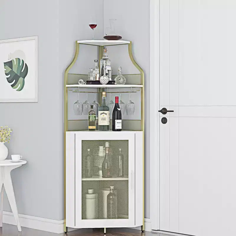 Corner wine rack, 5-layer shelf with removable wine rack, bar cabinet with glass rack, small dining cabinet and buffet cabinet with mesh door