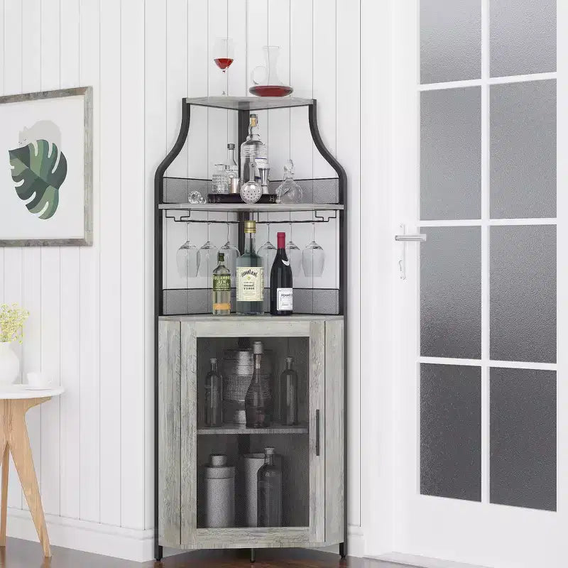 Corner wine rack, 5-layer shelf with removable wine rack, bar cabinet with glass rack, small dining cabinet and buffet cabinet with mesh door