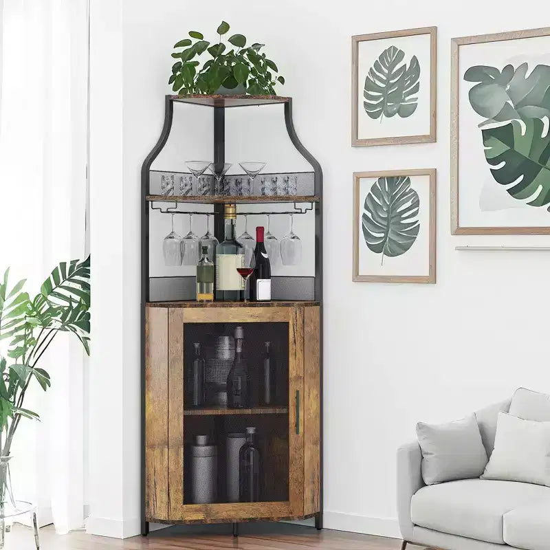 Corner wine rack, 5-layer shelf with removable wine rack, bar cabinet with glass rack, small dining cabinet and buffet cabinet with mesh door