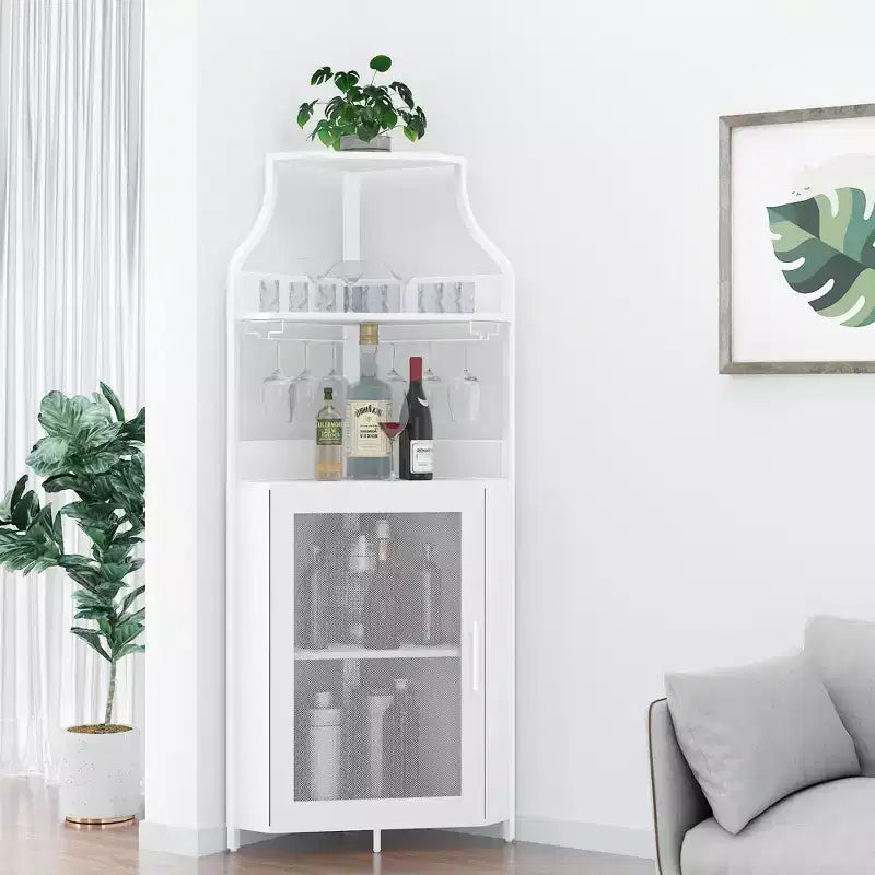 Corner wine rack, 5-layer shelf with removable wine rack, bar cabinet with glass rack, small dining cabinet and buffet cabinet with mesh door