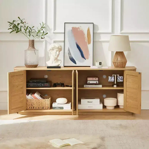 24/31.5H Wave Shaped Buffet Sideboard, TV Stand, Rounded Corner Cabinet with Wood Vertical Striped Rattan Doors, Natural - ModernLuxe