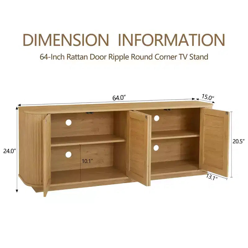 24/31.5H Wave Shaped Buffet Sideboard, TV Stand, Rounded Corner Cabinet with Wood Vertical Striped Rattan Doors, Natural - ModernLuxe