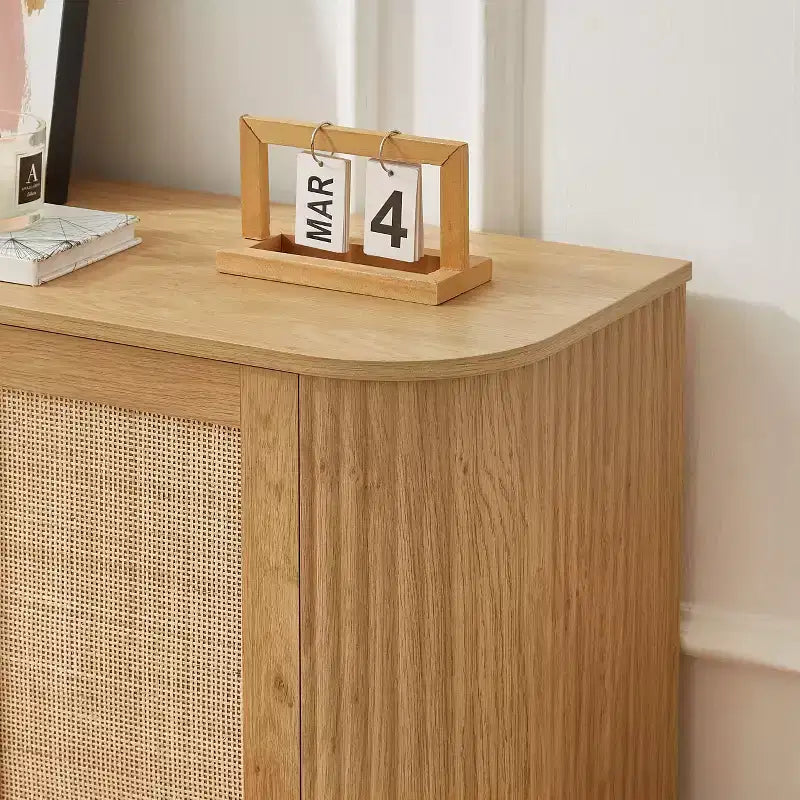 24/31.5H Wave Shaped Buffet Sideboard, TV Stand, Rounded Corner Cabinet with Wood Vertical Striped Rattan Doors, Natural - ModernLuxe