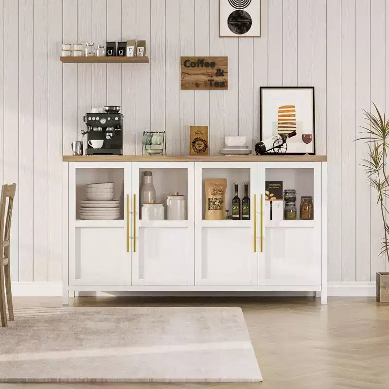 55 Large Buffet Sideboard Cabinet with 4 Glass Doors and Shelves, Modern Farmhouse Storage Cabinet Table for Kitchen Dining Room Living Room Hallway