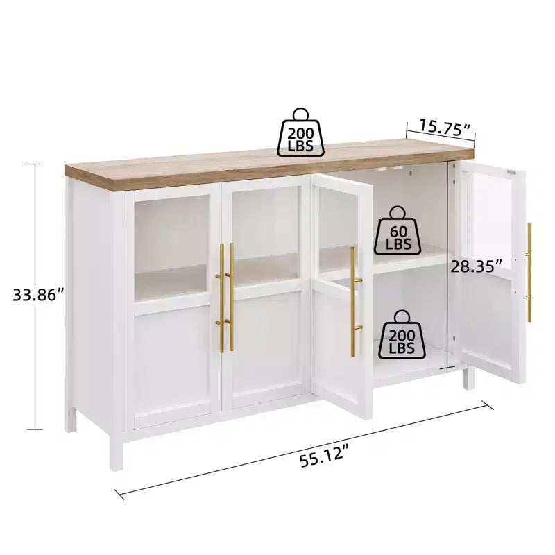 55 Large Buffet Sideboard Cabinet with 4 Glass Doors and Shelves, Modern Farmhouse Storage Cabinet Table for Kitchen Dining Room Living Room Hallway